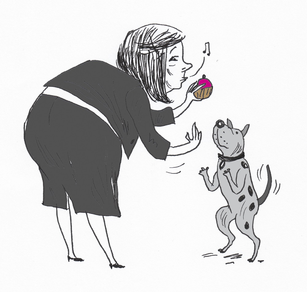 A cartoon illustration by John Levers of Terri Coverly, a woman in a suit with a bob, whistling and playing with a dog